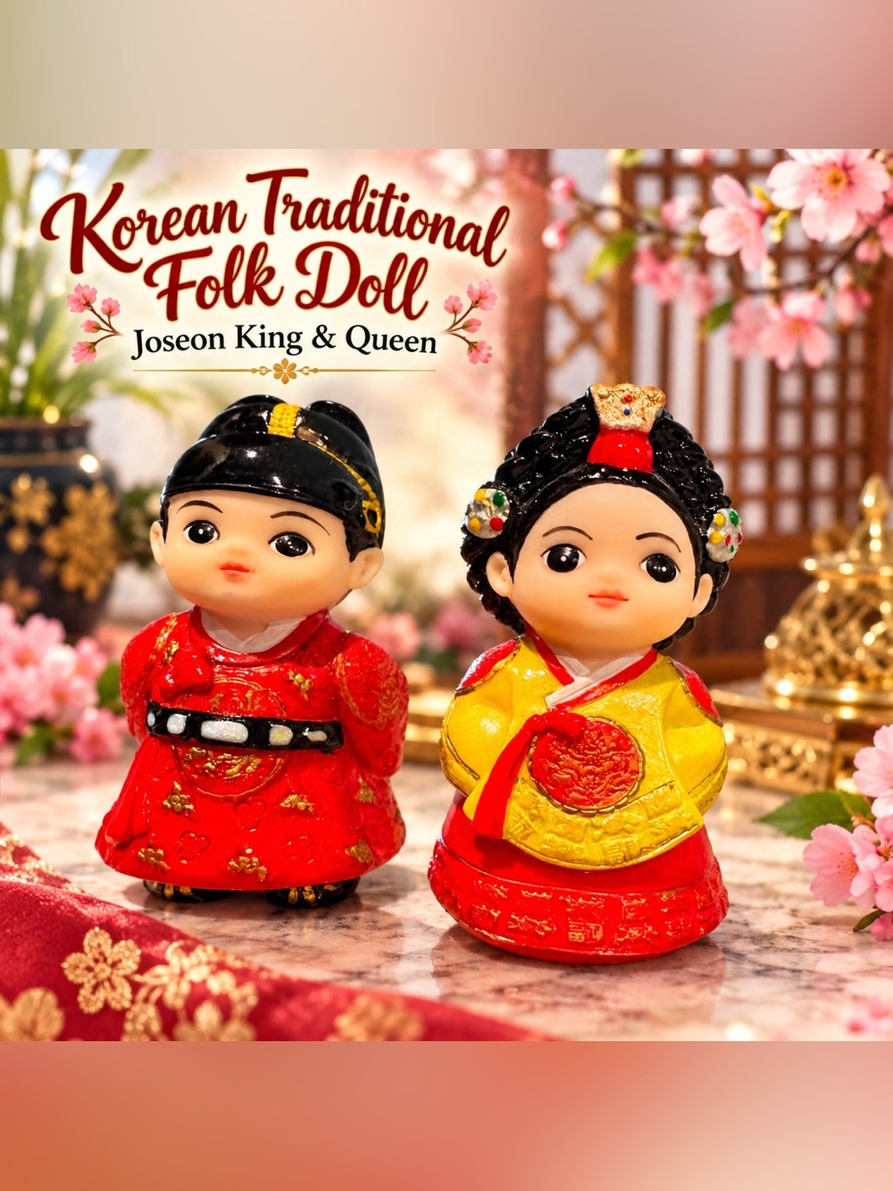Korean Traditional Folk Doll - Red & Yellow Joseon King and Queen